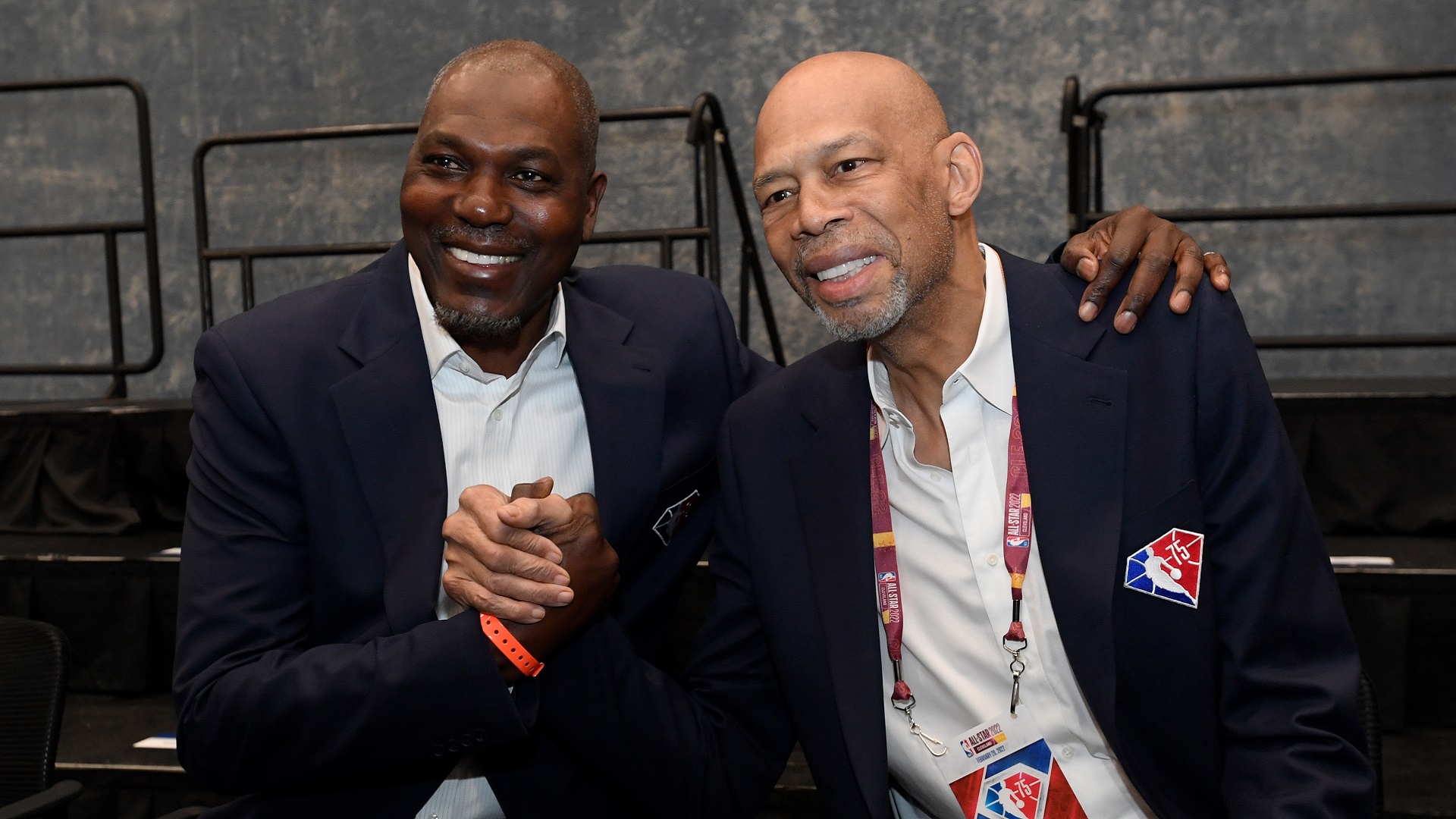 CLEVELAND, OH - FEBRUARY 20: Kareem Abdul-Jabar poses for a photo with Hakeem Olajuwon during the Legends Portrait as part of 2022 NBA All Star Weekend on February 20, 2022 at Wolstein Center in Cleveland, Ohio. NOTE TO USER: User expressly acknowledges and agrees that, by downloading and/or using this Photograph, user is consenting to the terms and conditions of the Getty Images License Agreement. Mandatory Copyright Notice: Copyright 2022 NBAE (Photo by Juan Ocampo/NBAE via Getty Images)